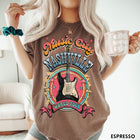 Comfort Colors tee in Espresso featuring retro style Nashville Music City guitar graphic with colorful circular design