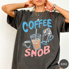 Comfort Colors tee in Pepper featuring coffee themed graphic with iced coffee, espresso, and whipped cream drinks