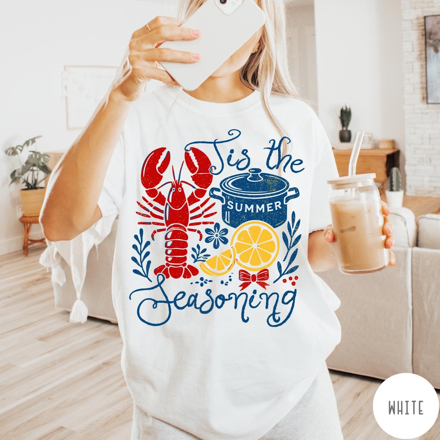 Comfort Colors tee in White featuring lobster boil graphic with lobster, pot, and lemon slices