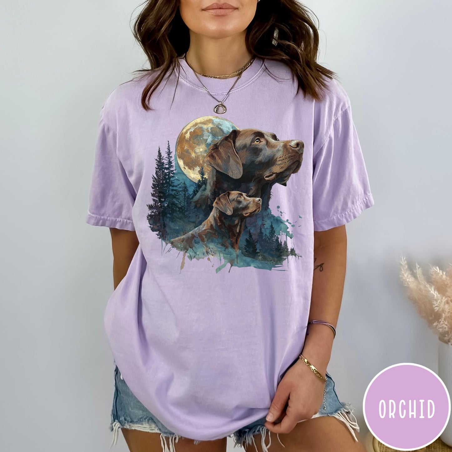 Comfort Colors tee in Orchid featuring vintage style graphic of two Chocolate Labradors under a full moon
