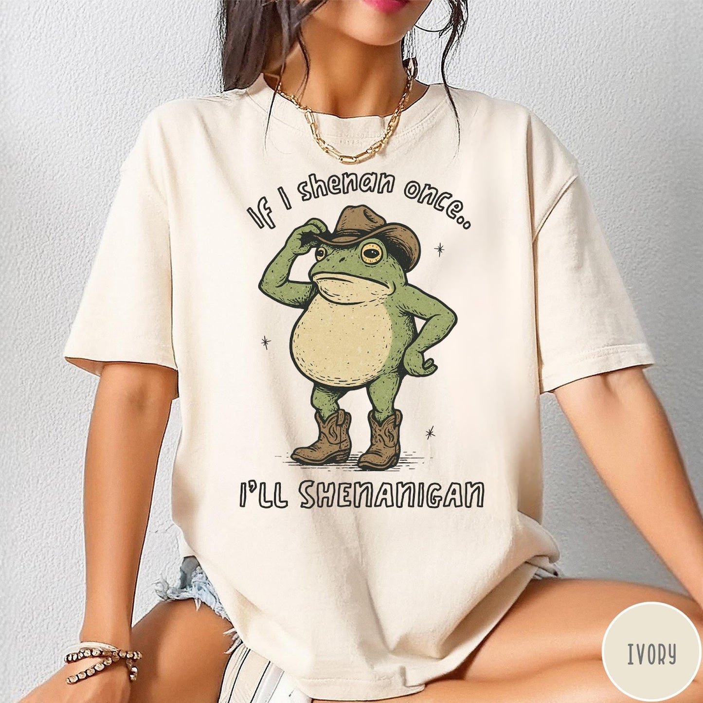 Comfort Colors tee in Ivory featuring western graphic of a frog wearing a cowboy hat and boots