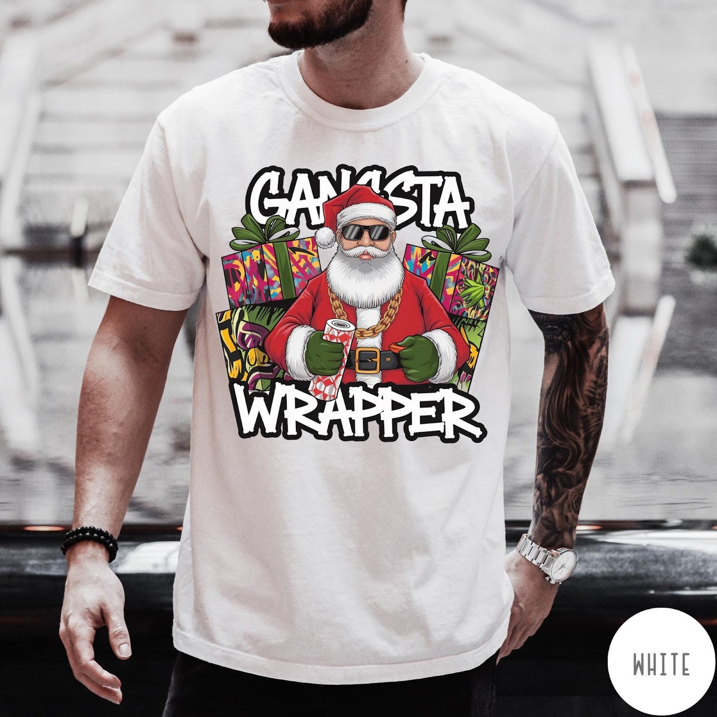 Comfort Colors tee in White featuring graphic Santa Claus wearing sunglasses and gold chain, Gangsta Wrapper text