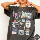 Comfort Colors tee in Pepper featuring collage style graphic with school supplies and teacher life themed illustrations