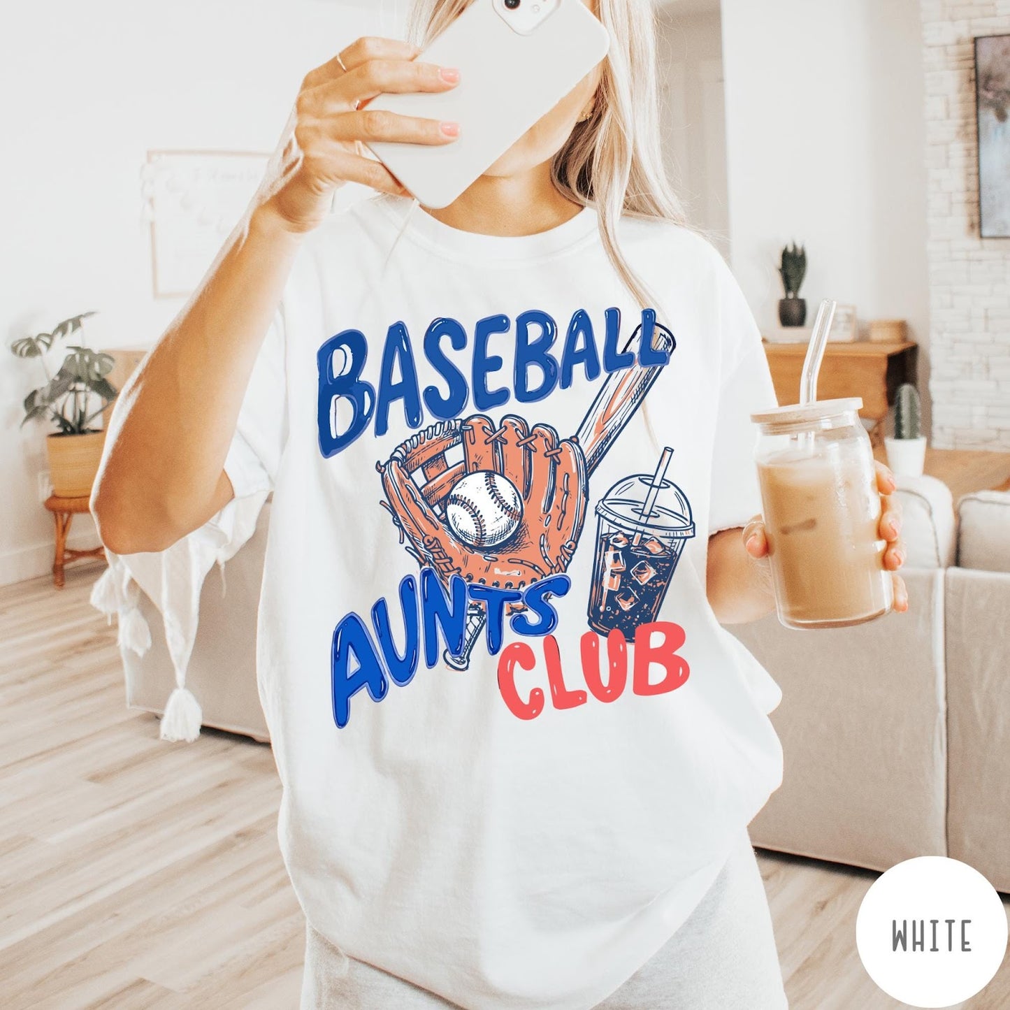 Comfort Colors tee in White featuring baseball design with glove, ball, bat, and iced coffee graphic