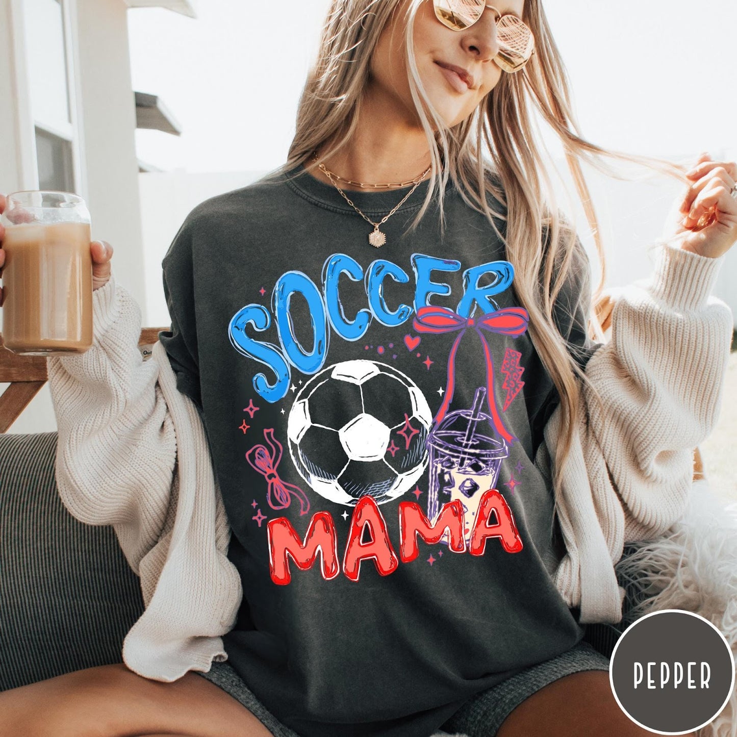 Comfort Colors tee in Pepper featuring soccer design with a soccer ball and iced coffee graphic