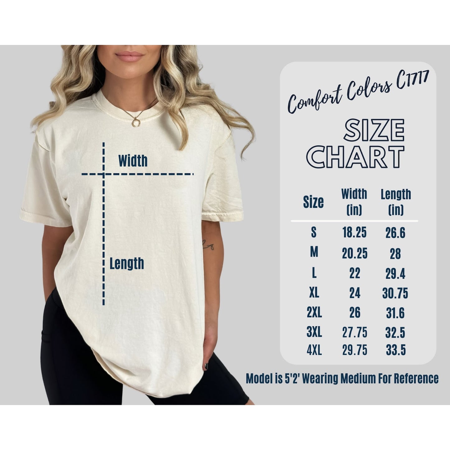 Comfort Colors tee size chart showing width and length measurements for sizes S through 4XL