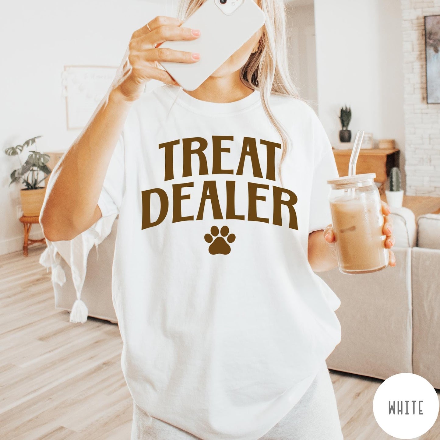 Comfort Colors tee in White featuring dog owner design style with Treat Dealer text and paw print