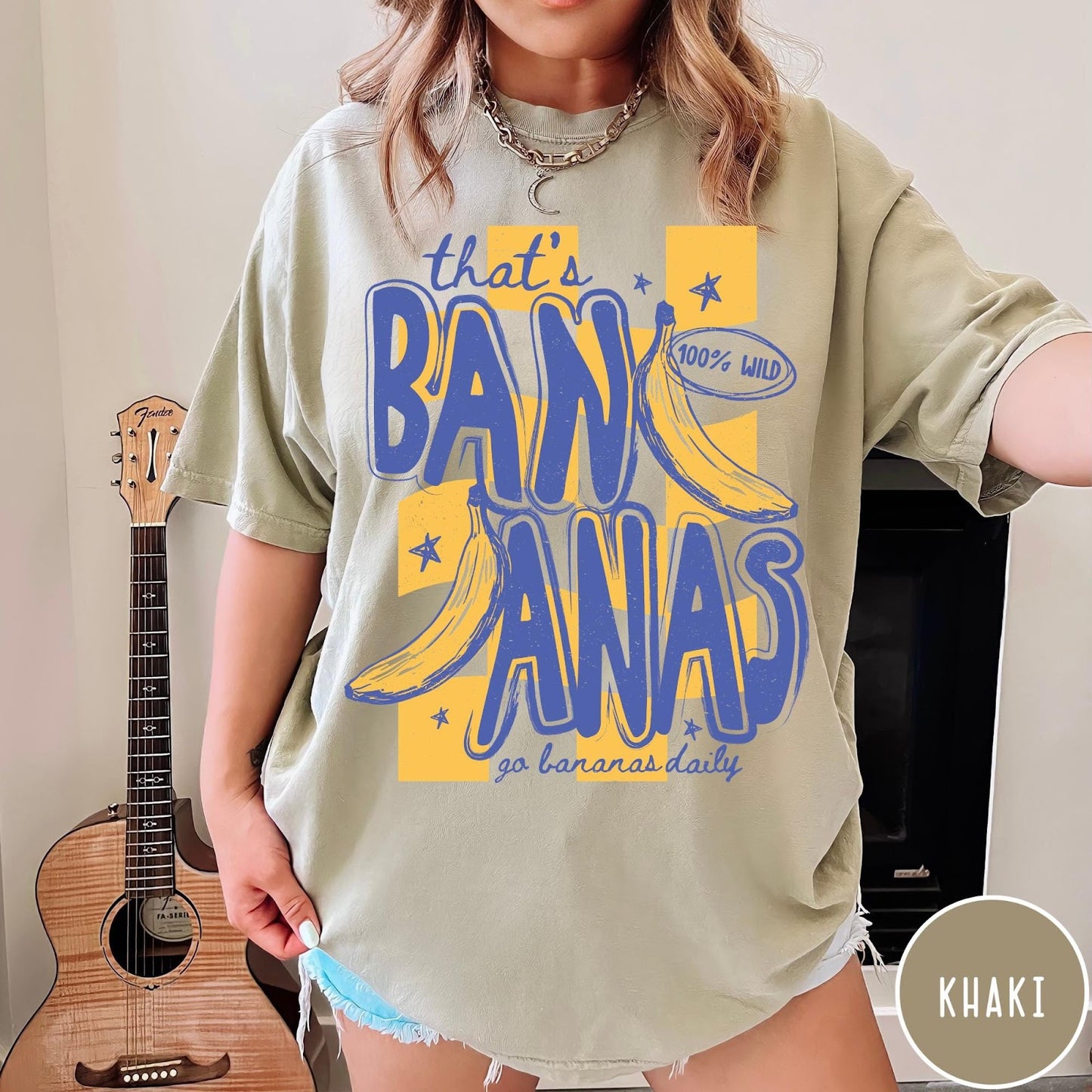 Comfort Colors tee in Khaki featuring retro style graphic with bananas and text that says that's bananas