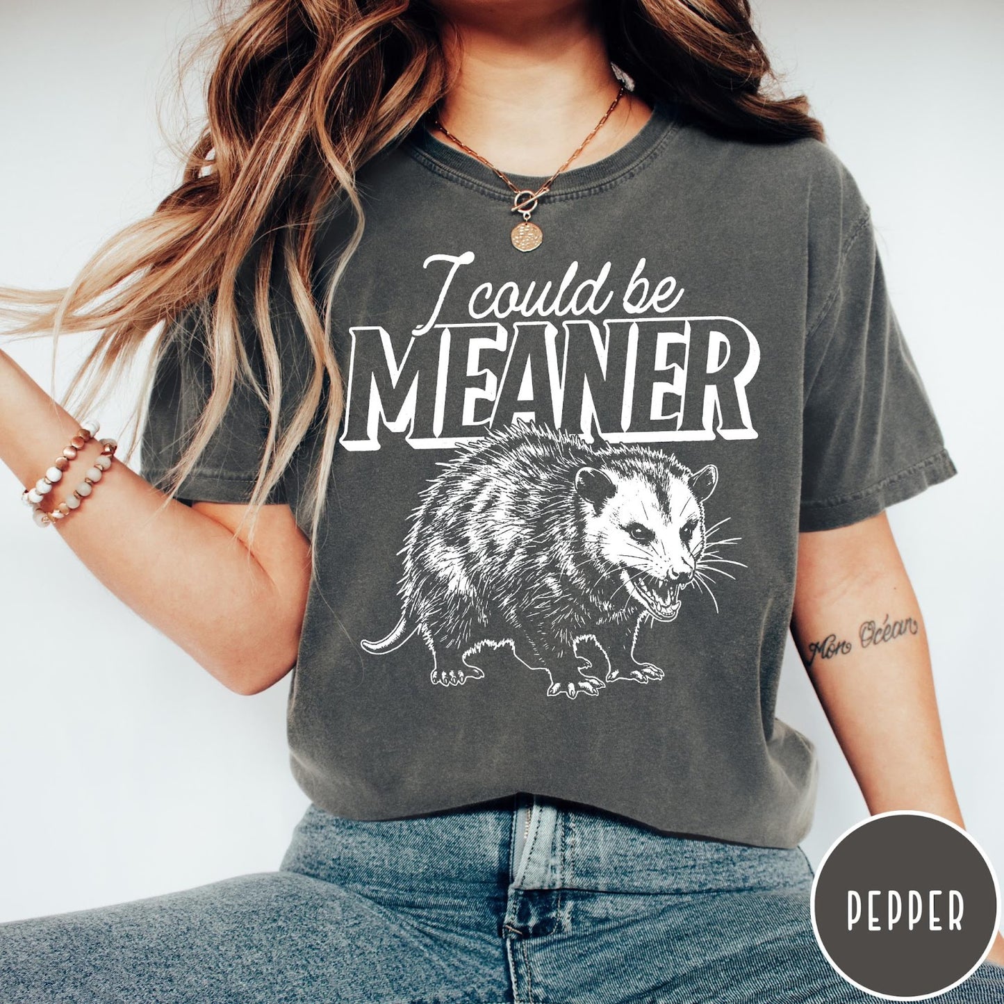 Comfort Colors tee in Pepper featuring a graphic design of a hissing opossum with text I could be meaner