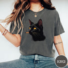 Comfort Colors tee in Pepper featuring graphic illustration of a black cat smoking a cigarette.