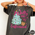 Comfort Colors tee in Pepper featuring festive holiday style with a Christmas tree and iced coffee graphic