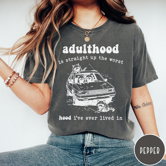 Comfort Colors tee in Pepper featuring illustrated style graphic of raccoons sitting in and around a car