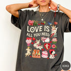Comfort Colors tee in Pepper featuring Valentine's Day collage with kittens, cherubs, roses, and vintage graphic elements