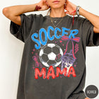 Comfort Colors tee in Pepper featuring soccer graphic with a soccer ball, iced coffee, and red bow