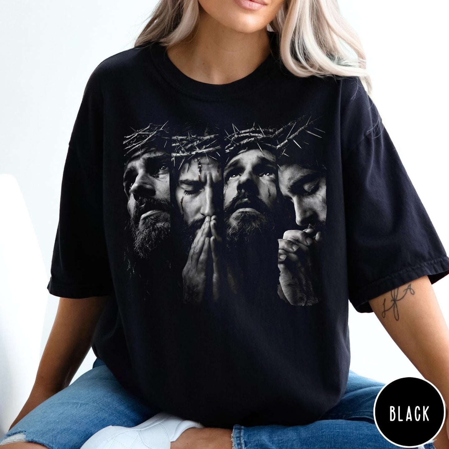 Comfort Colors tee in black featuring a graphic of Jesus wearing a crown of thorns while praying