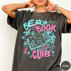 Comfort Colors tee in Pepper featuring beach book club graphic with seashells, starfish, and a sun hat