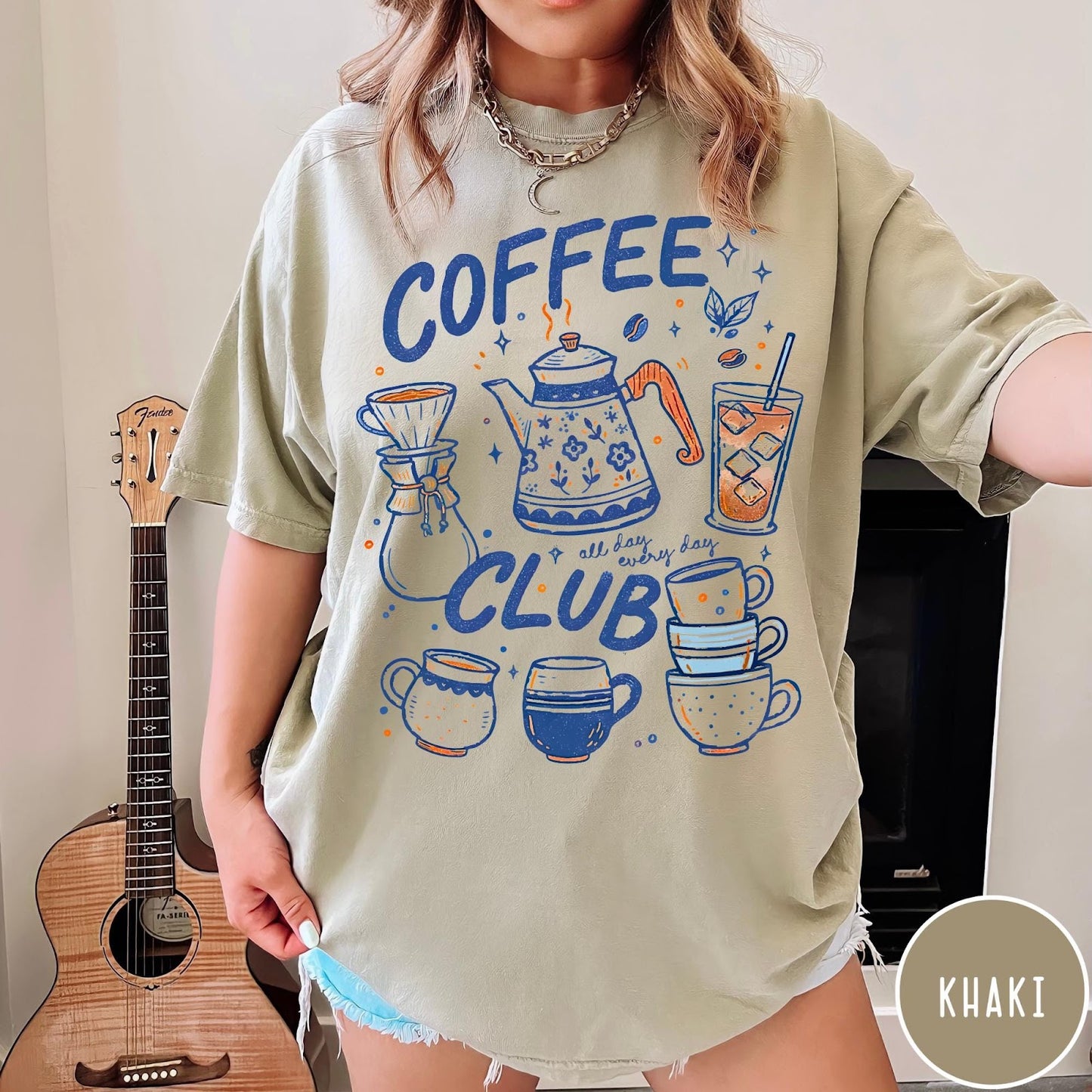 Comfort Colors tee in Khaki featuring retro graphic with coffee pots, mugs, and iced coffee drink illustration