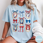 Comfort Colors tee in Chambray featuring coquette style patriotic goose graphic with bows and floral accents