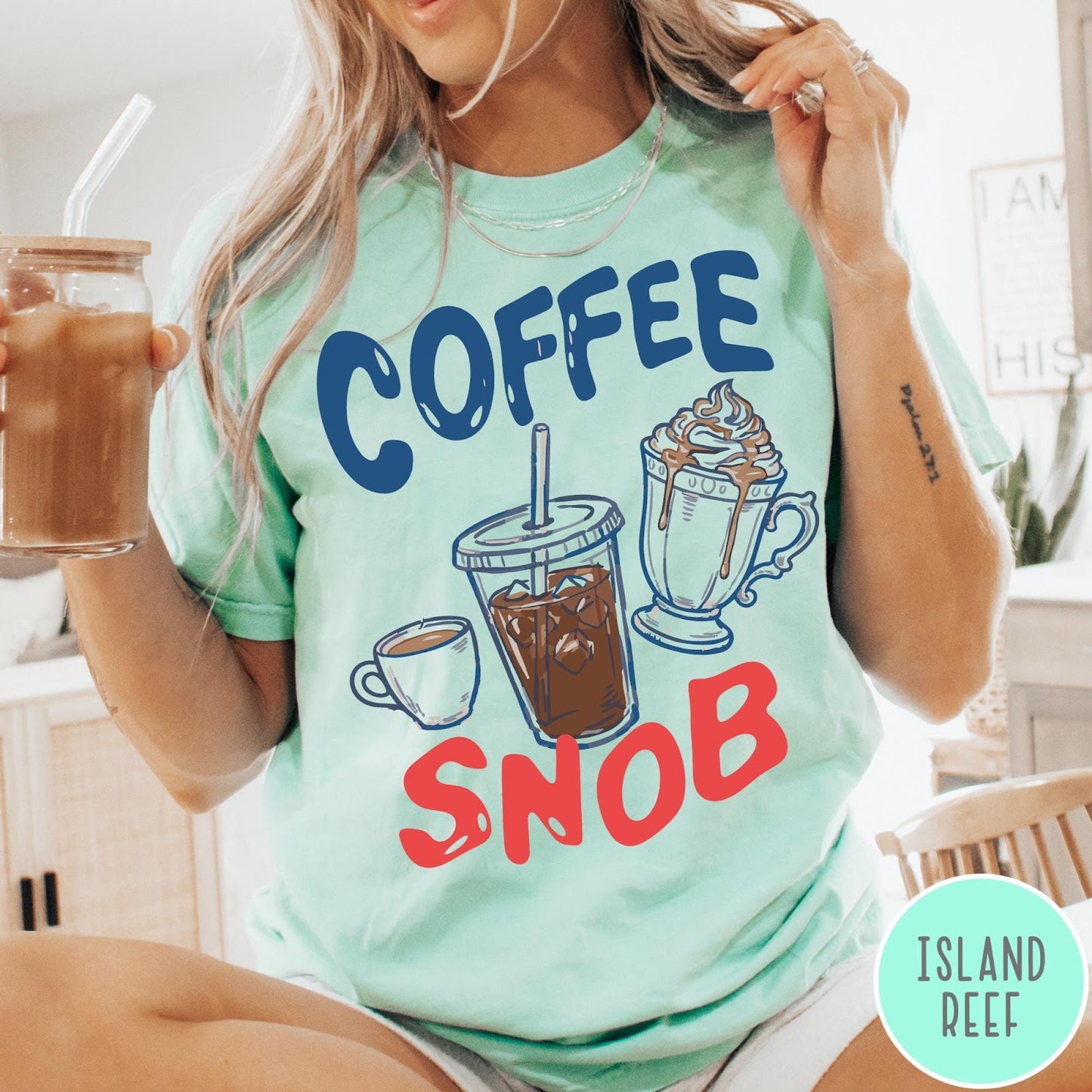 Comfort Colors tee in Island Reef featuring coffee themed graphic with iced coffee, espresso, and whipped cream drinks