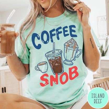 Comfort Colors tee in Island Reef featuring coffee themed graphic with iced coffee, espresso, and whipped cream drinks