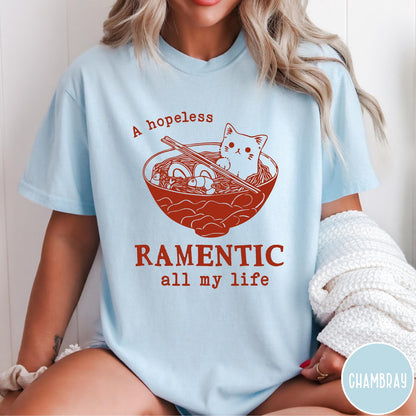 Comfort Colors tee in Chambray featuring line art graphic of a cute cat inside a ramen bowl