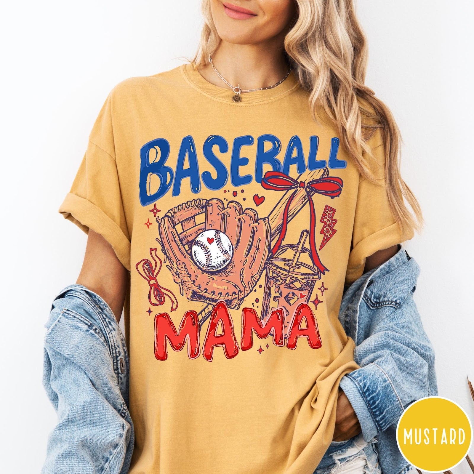 Comfort Colors tee in Mustard featuring baseball design with glove, ball, iced coffee, and red bow graphic