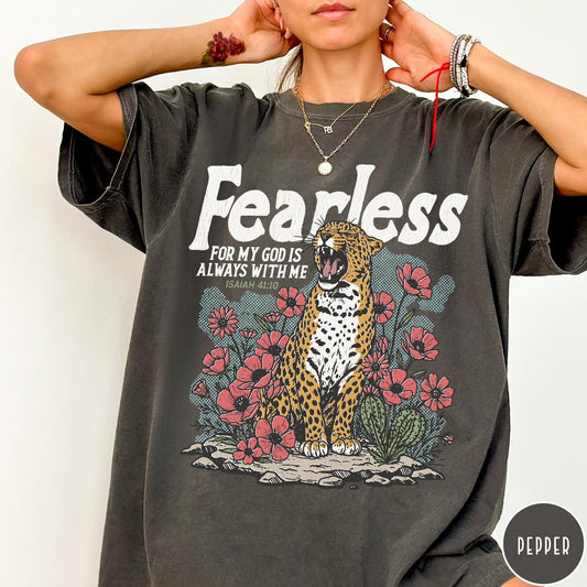Comfort Colors tee in Pepper featuring vintage style leopard and flower graphic with Bible verse Isaiah 41:10