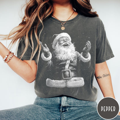 Comfort Colors tee in Pepper featuring vintage style graphic of a laughing Santa Claus with open arms