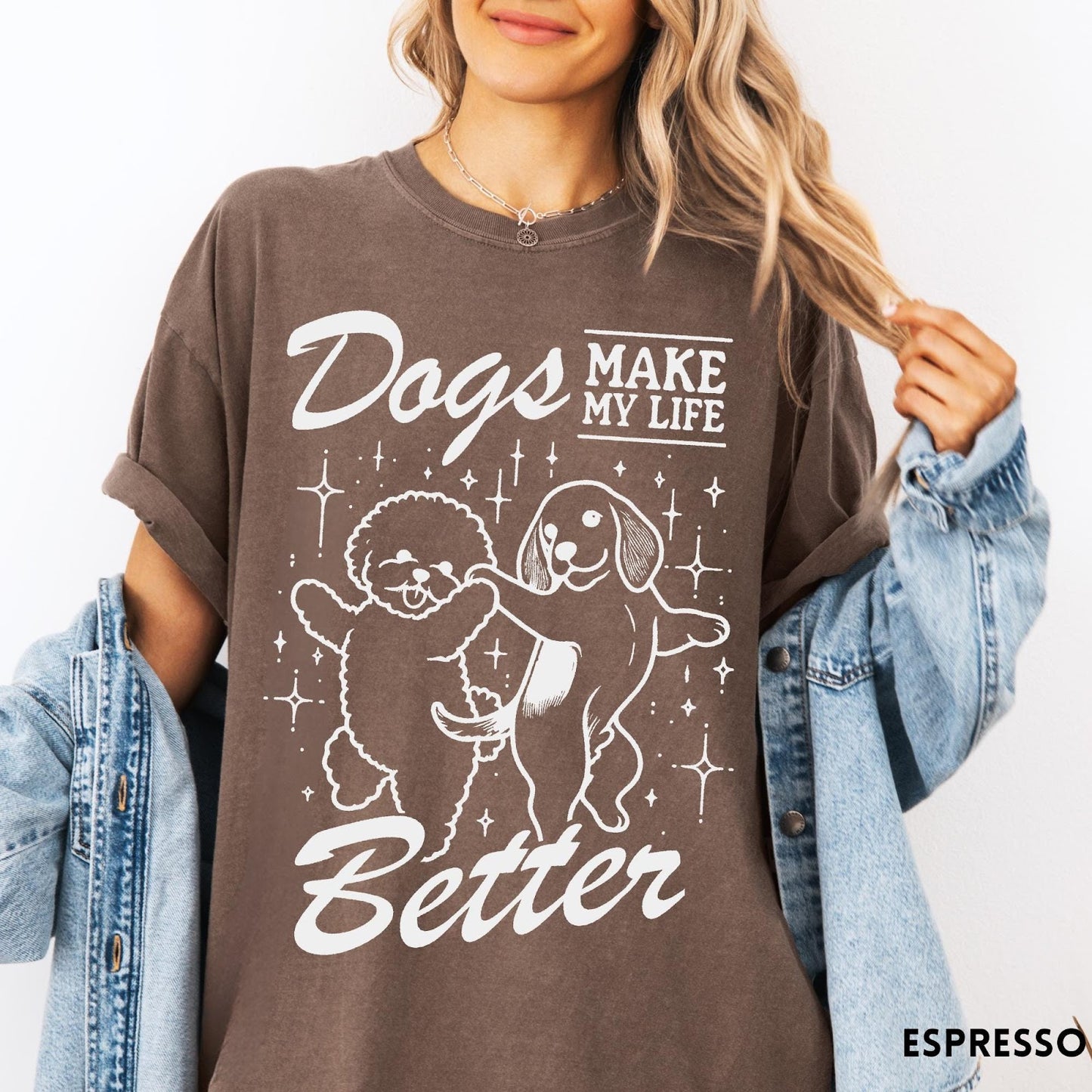 Comfort Colors tee in Espresso featuring line art graphic of two dogs dancing with stars and text