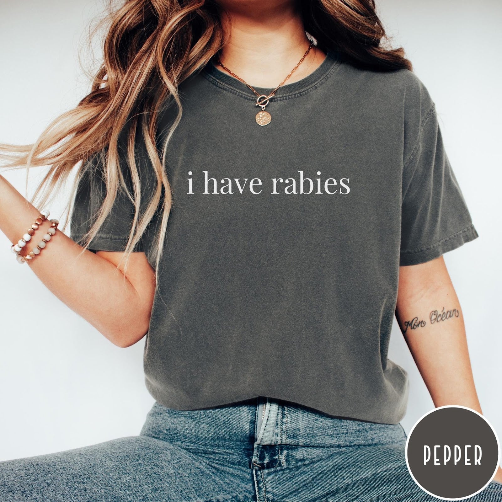 Comfort Colors tee in Pepper featuring sarcastic statement graphic text that reads i have rabies