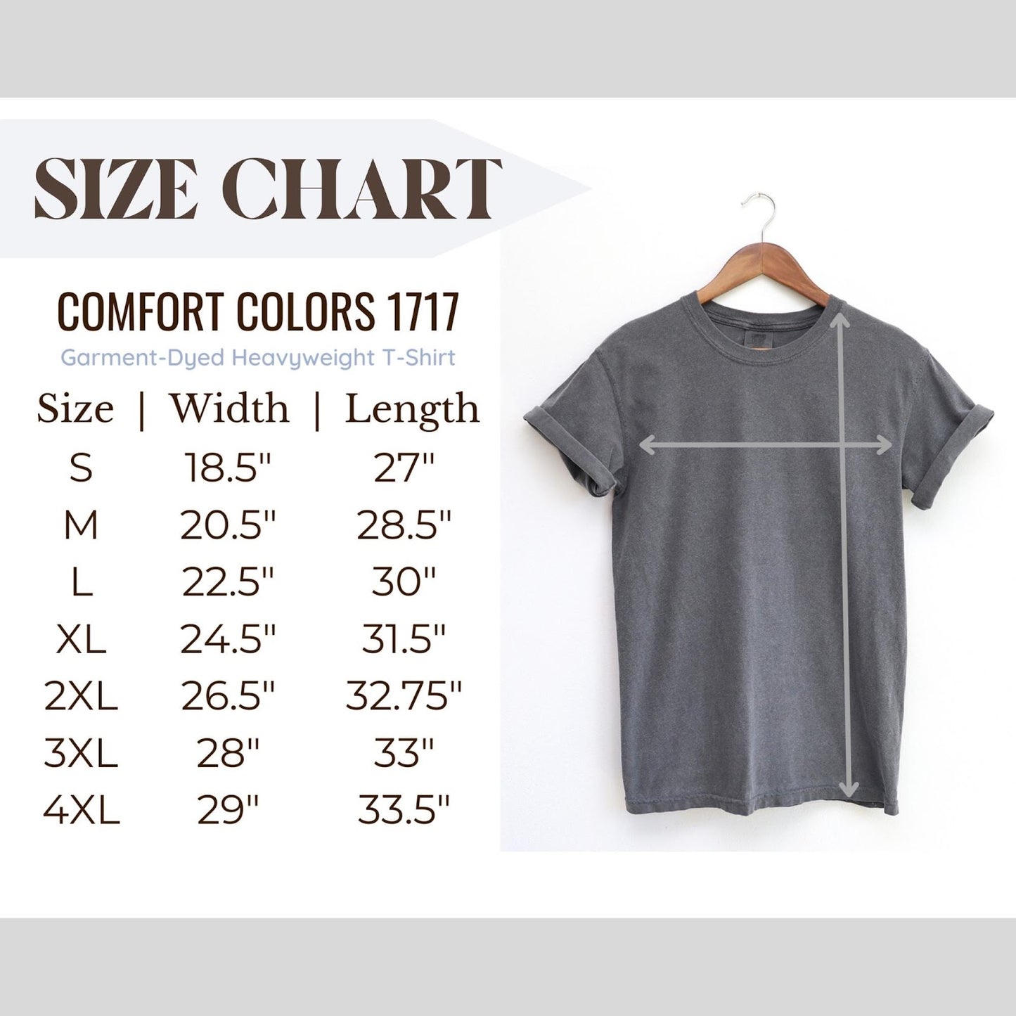 Comfort Colors tee size chart showing width and length measurements for sizes S through 4XL