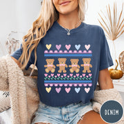Comfort Colors tee in Denim featuring vintage teddy bear pattern with hearts and pink bow tie bears