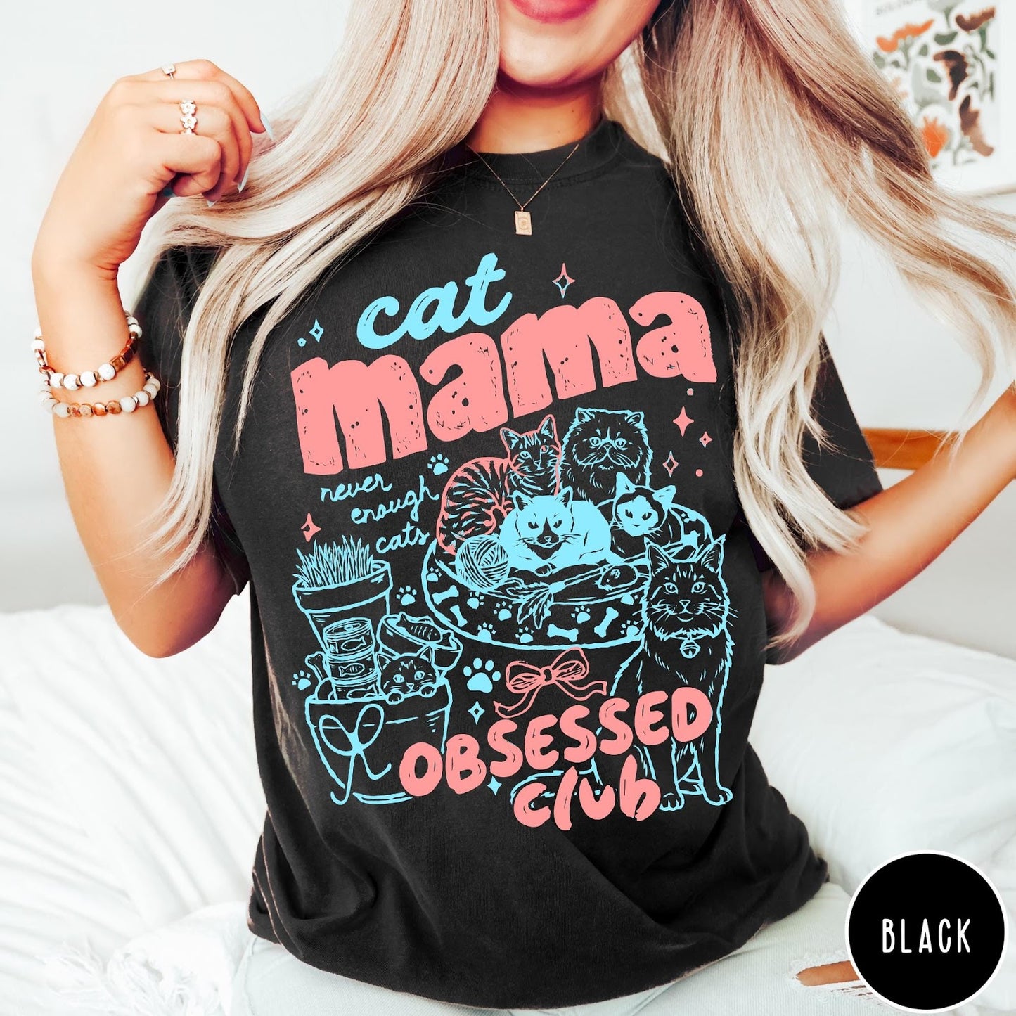 Comfort Colors tee in Black featuring cat mama club graphic with multiple cats and pink blue ink