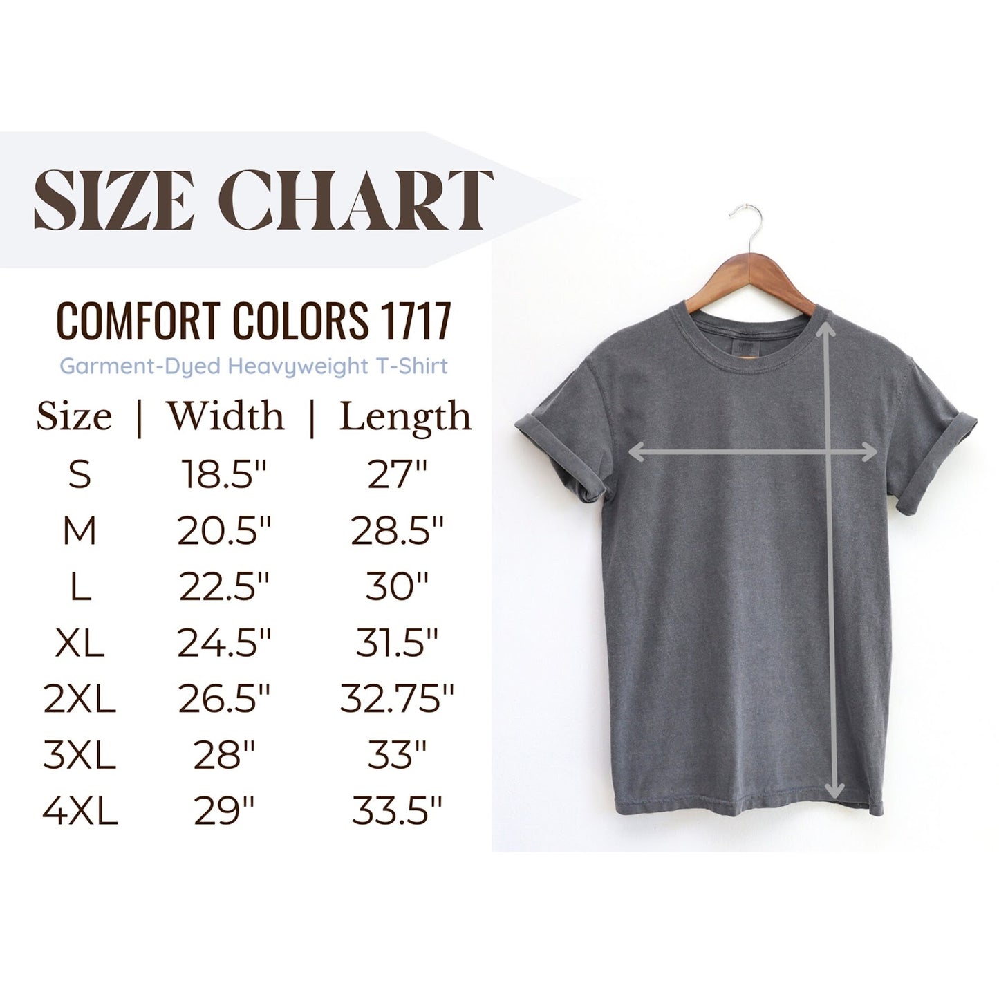 Comfort Colors 1717 size chart showing width and length measurements for sizes S through 4XL