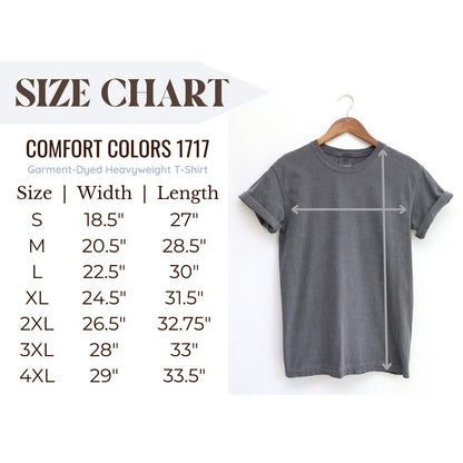 Comfort Colors 1717 size chart showing width and length measurements for sizes S through 4XL