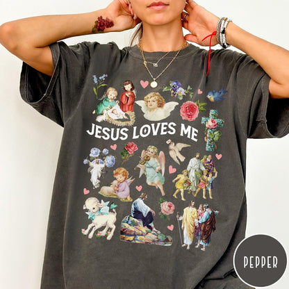 Comfort Colors tee in Pepper featuring vintage religious style graphic with Jesus, angels, lambs, and floral elements