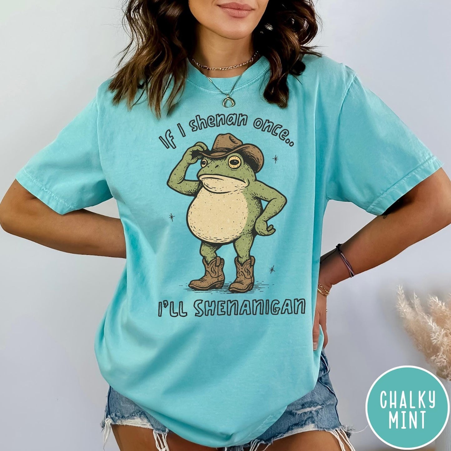 Comfort Colors tee in Chalky Mint featuring western graphic of a frog wearing a cowboy hat and boots