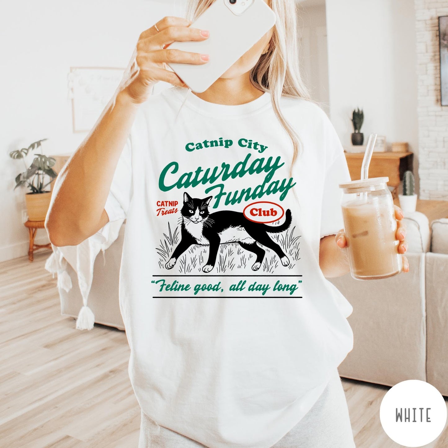 Comfort Colors tee in White featuring vintage style graphic of a tuxedo cat in grass with text