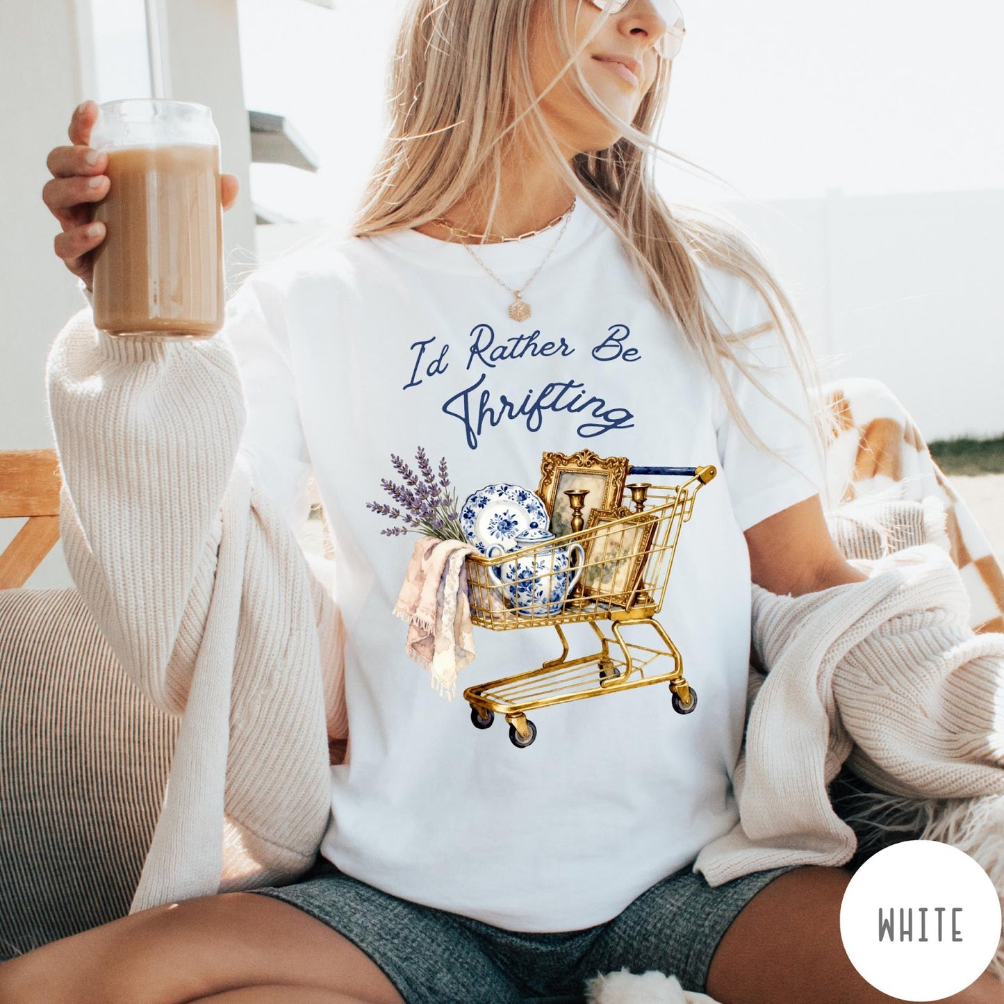 Comfort Colors tee in White featuring vintage decor graphic of a shopping cart filled with thrifted items