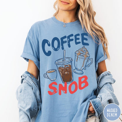 Comfort Colors tee in Washed Denim featuring illustrated coffee graphic with iced coffee, hot coffee, and whipped cream.
