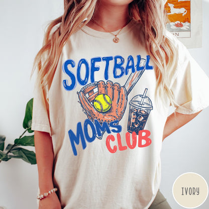 Comfort Colors tee in Ivory featuring softball mom life graphic with baseball glove, ball, and iced coffee
