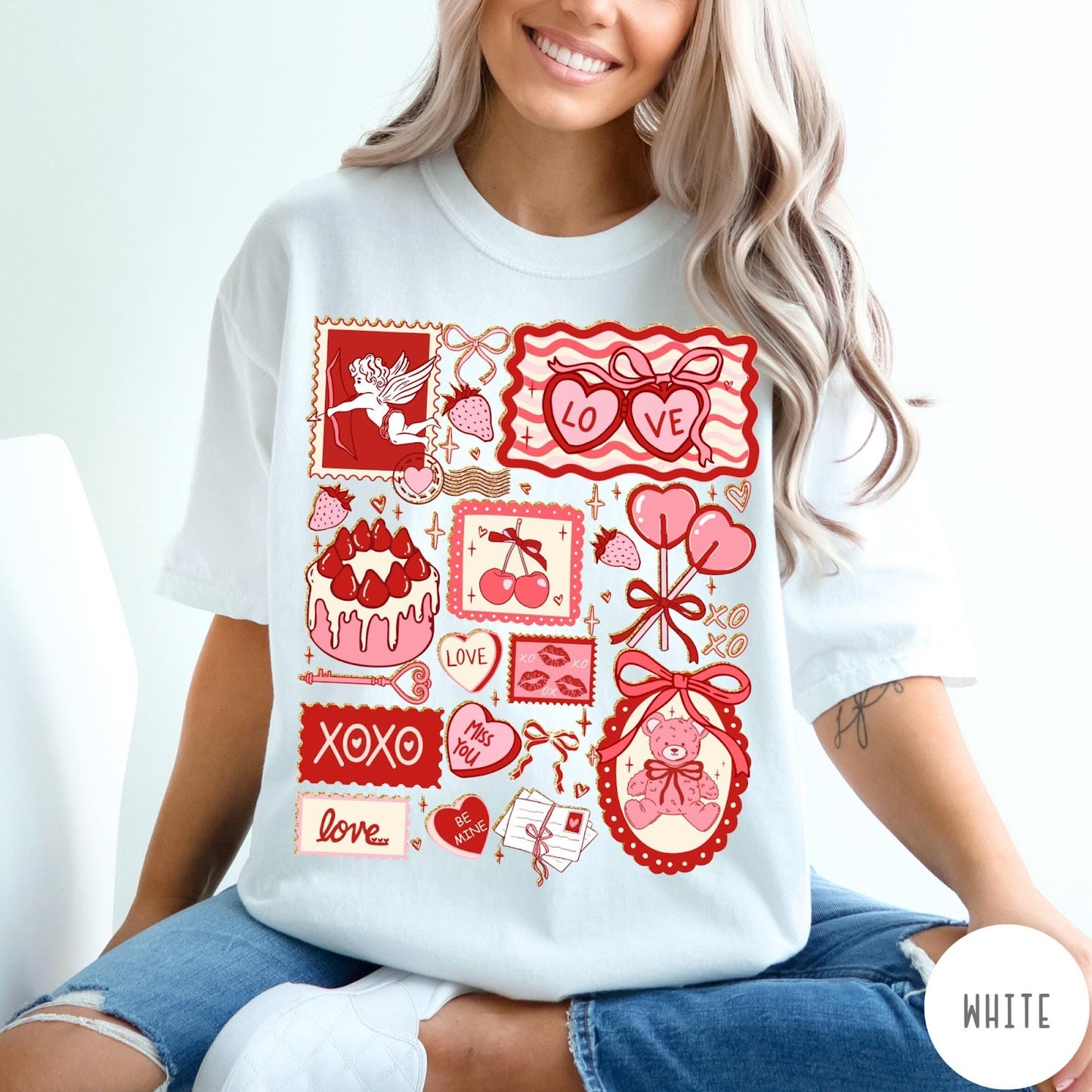 Comfort Colors tee in White featuring vintage collage design with cupid, teddy bear, and Valentine's Day icons