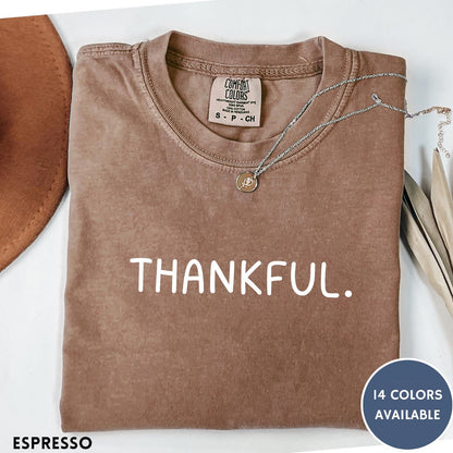 Comfort Colors tee in Espresso featuring minimalist design with the word Thankful printed in white text