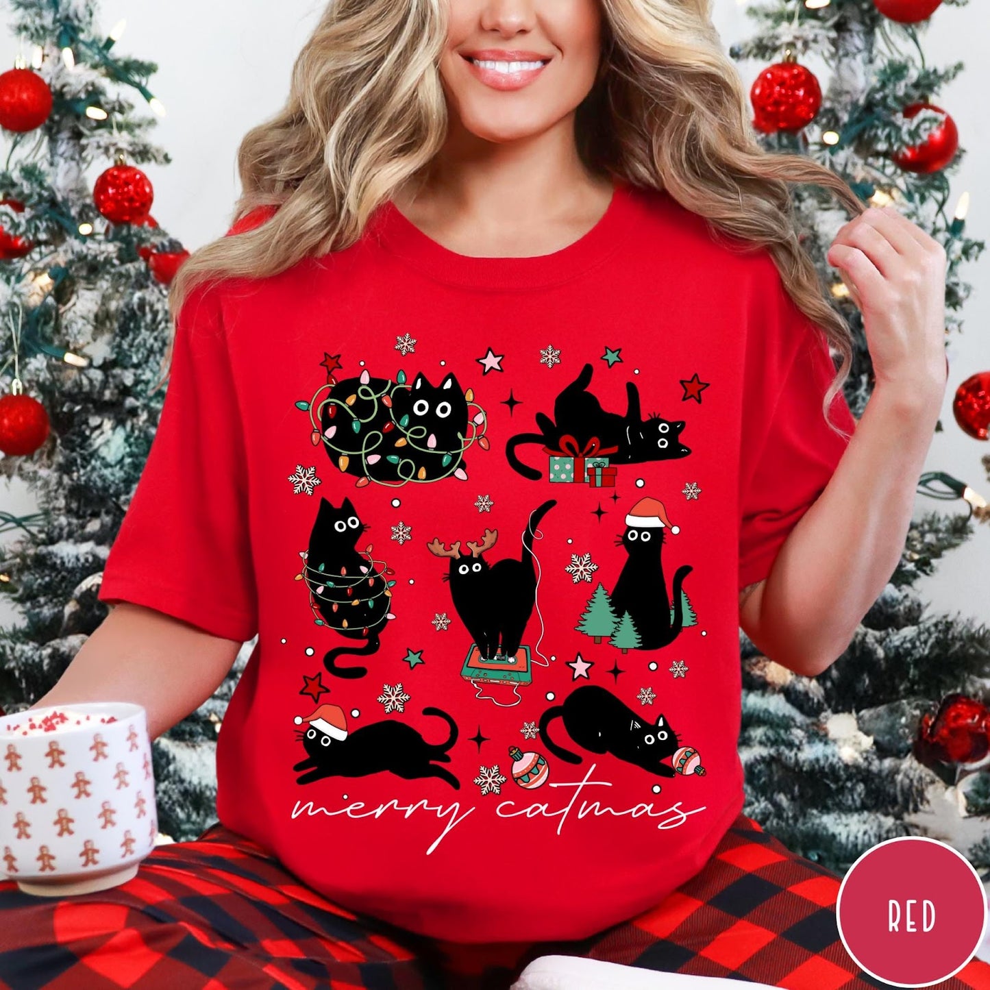 Comfort Colors tee in Red featuring festive holiday graphic with multiple black cats and Christmas elements