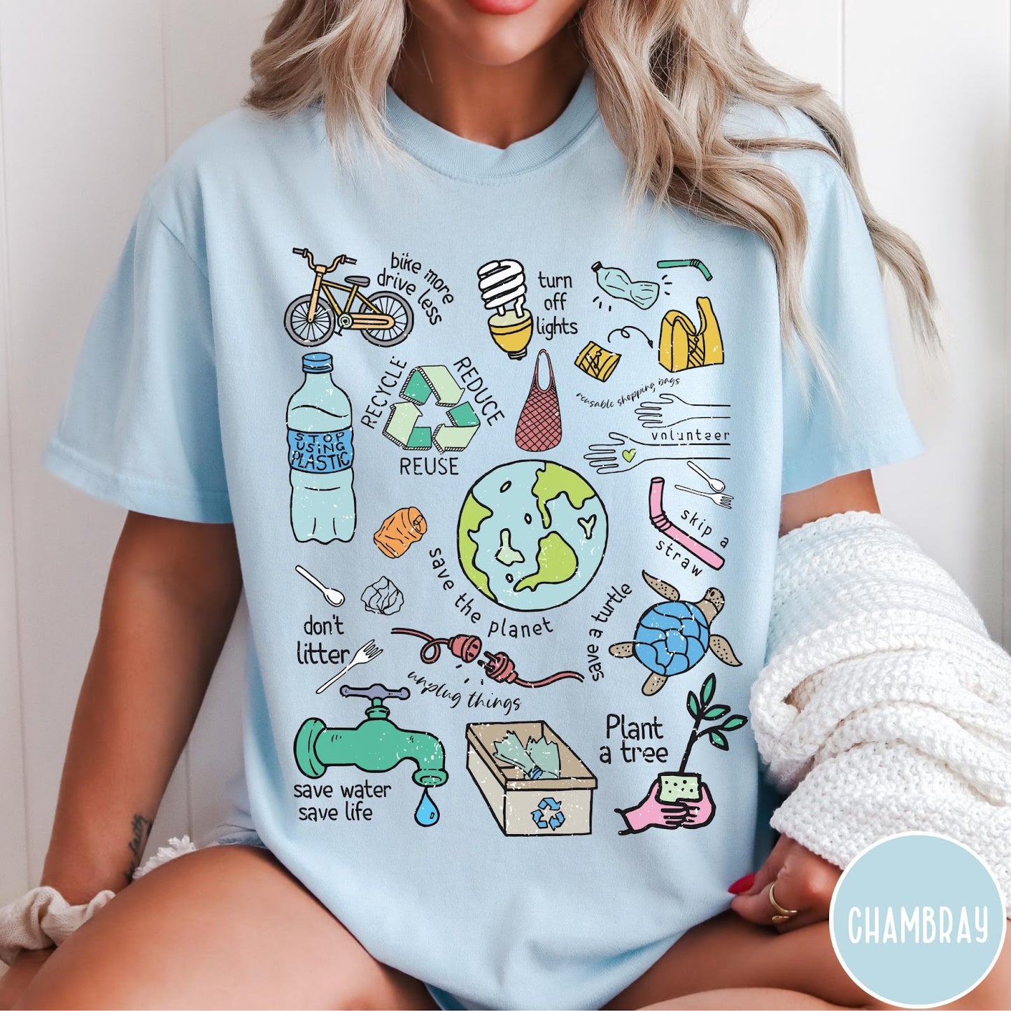 Comfort Colors tee in Chambray featuring environmental awareness graphic with icons for recycling, saving water, and nature.