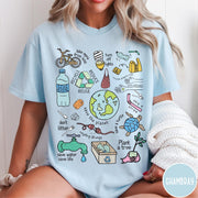Comfort Colors tee in Chambray featuring environmental awareness graphic with icons for recycling, saving water, and nature.