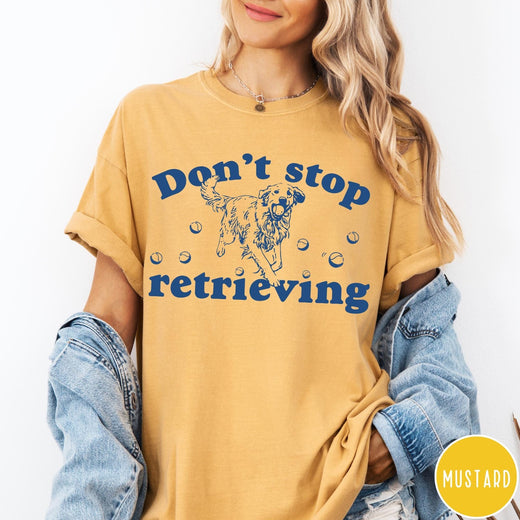 Comfort Colors tee in Mustard featuring screen print style graphic of a Golden Retriever with tennis balls