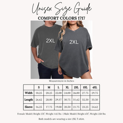 Comfort Colors 1717 unisex size guide showing width, length, and sleeve measurements for sizes S through 4XL