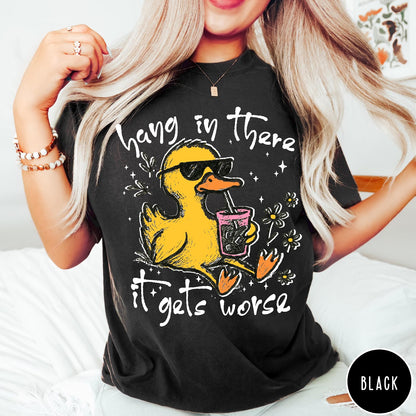 Comfort Colors tee in Black featuring illustrated duck wearing sunglasses and drinking iced coffee with floral accents