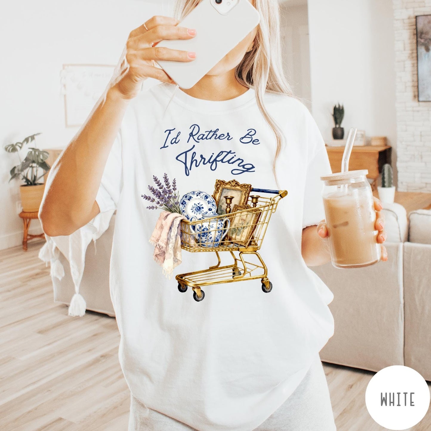 Comfort Colors tee in White featuring vintage style graphic of a shopping cart filled with antique decor items